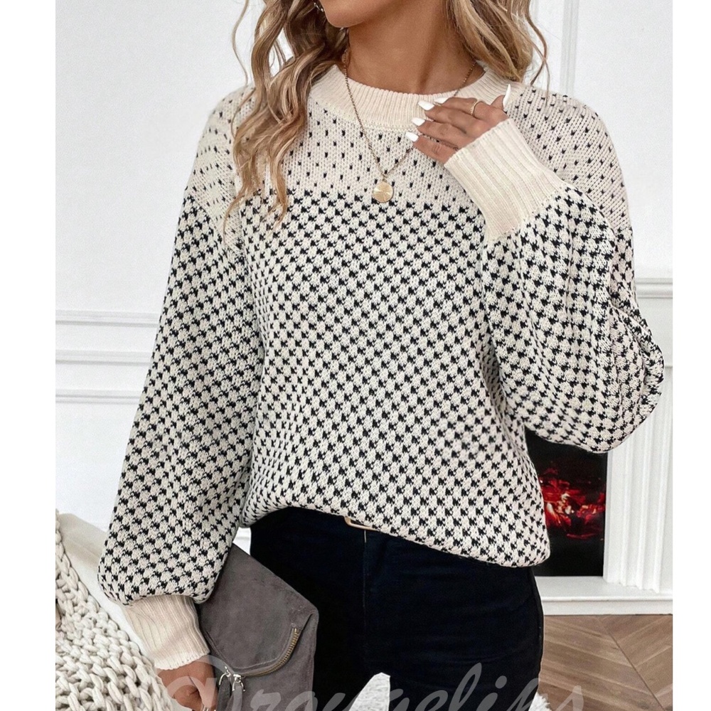 Black on Beige Pattern Loose Fit Crew Necklace Long Sleeve Pullover Knit Sweater - Picture 2 of 7